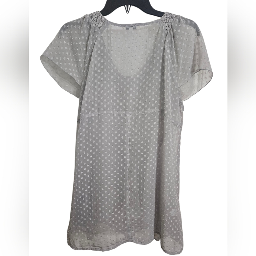 Daniel Rainn Gray Polka Dot Baby Doll Ruffle Flutter Sleeve Tunic Blouse Sz L - Picture 2 of 6
